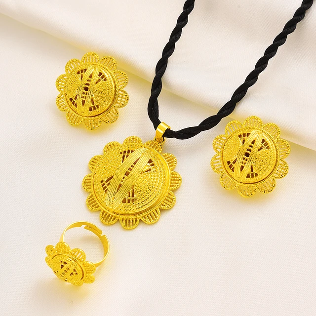 24K Gold Plated Fashion Ethiopian Earrings/Pendant/Ring Jewelry Sets Gold Plate Africa Bride Wedding Eritrea Set Gift 3