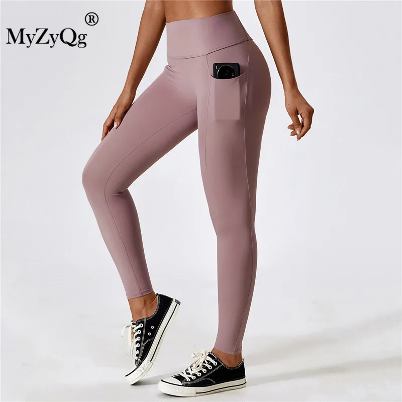 

MyZyQg Women Sportswear Tight Nude Push Up Yoga Legging with Pocket Belly Lift Hip Fitness High Waist Gym Running Pants