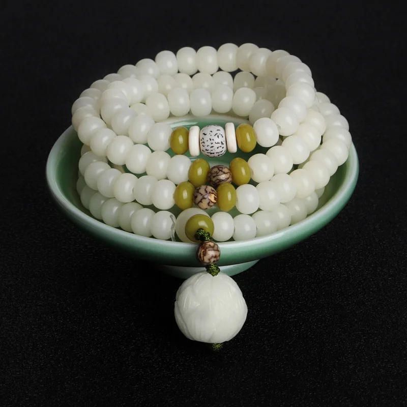 

Bodhi Root Auspicious Bracelet Lotus White Jade Bodhi 108 Beads Advanced Rosary Lucky Jewelry Bring in Wealth and Treasure