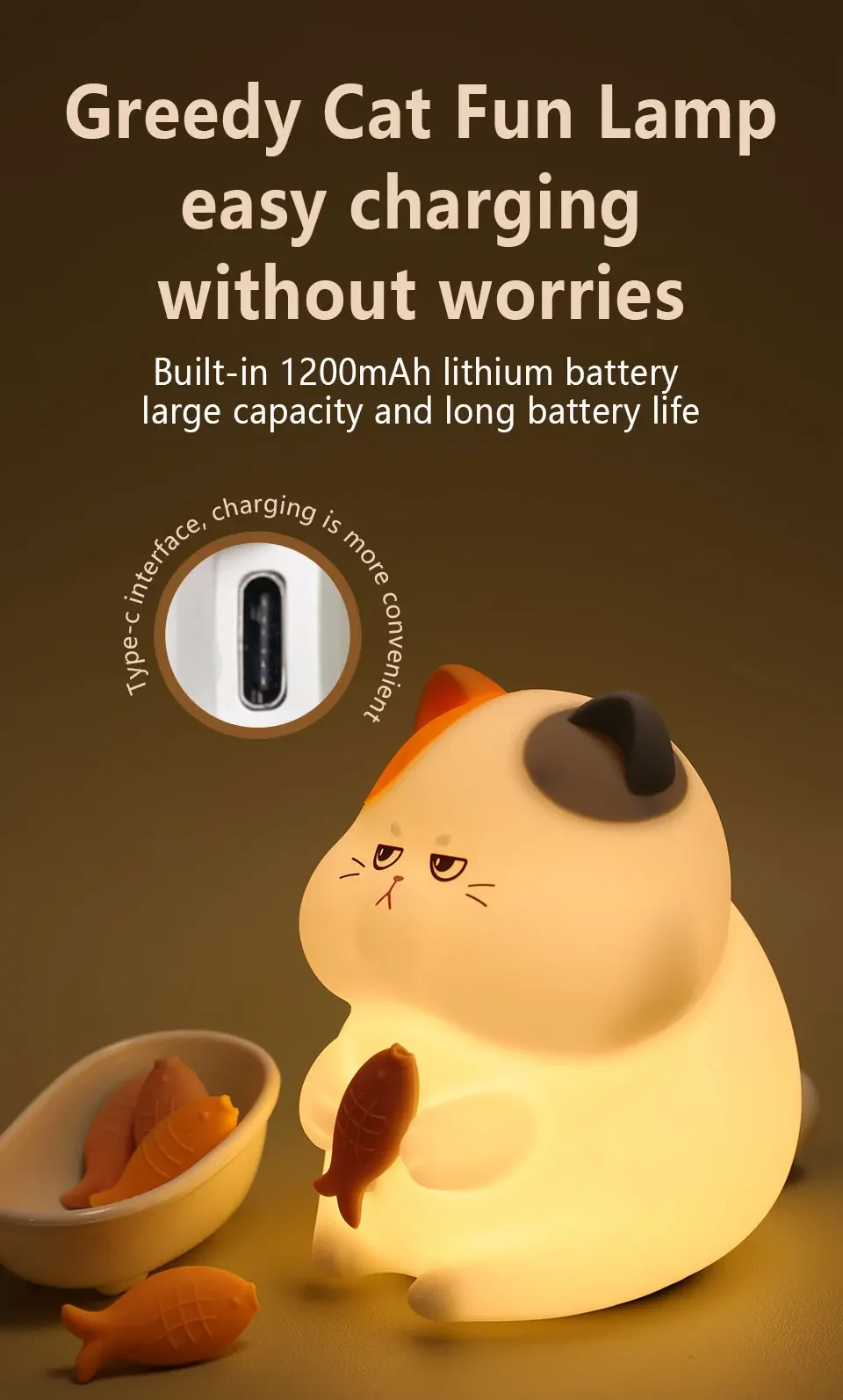 Description Picture 6 of itemCute Cat Night Lights USB Rechargeable Silicone Gluttonous Cat Touch Patting Lamp Timing Dimmable Bedroom Desktop Decor Light