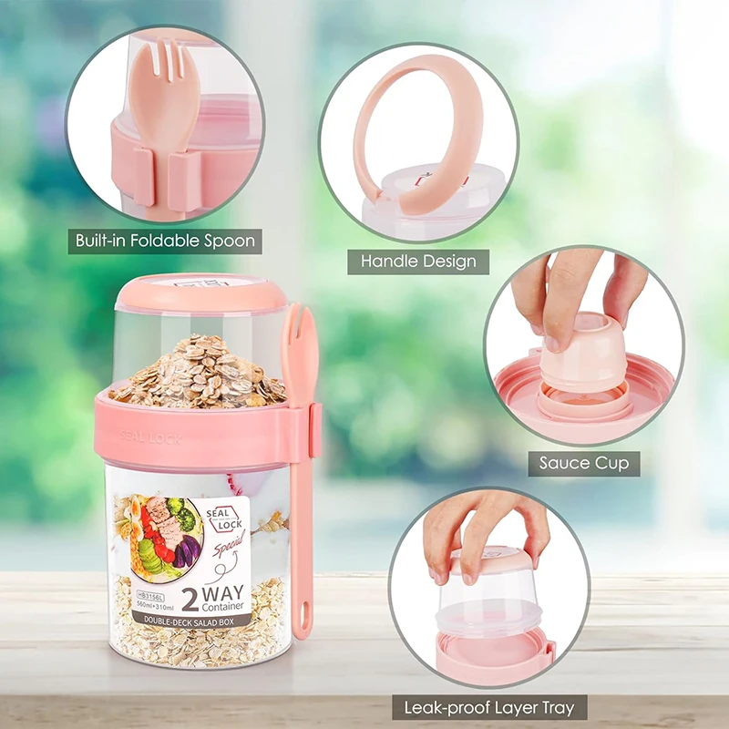 870ML Overnight Oats Jars with Spoon and Lid Milk Fruit Salad Food Storage Jars Portable Cereal Breakfast Cups Kitchen Supplies
