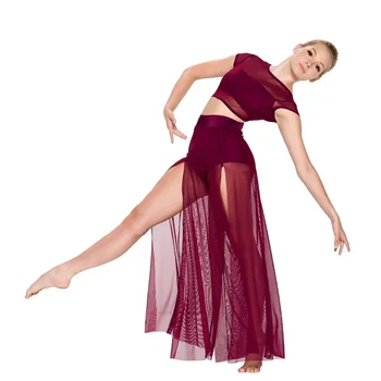 MiDee Modern Ballet Dance for Women Mesh Top Wide Leg Pants Attached 2 Piece Lyrical Outfits Ballerina Girl Kids Stage Costume