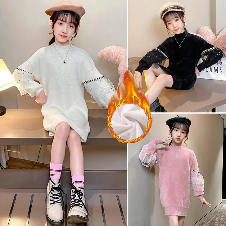 소녀용 레이스 터틀넥 스웨터, 두꺼운 긴 아동복, 가을 겨울 패션 스웨터, 5-15 세