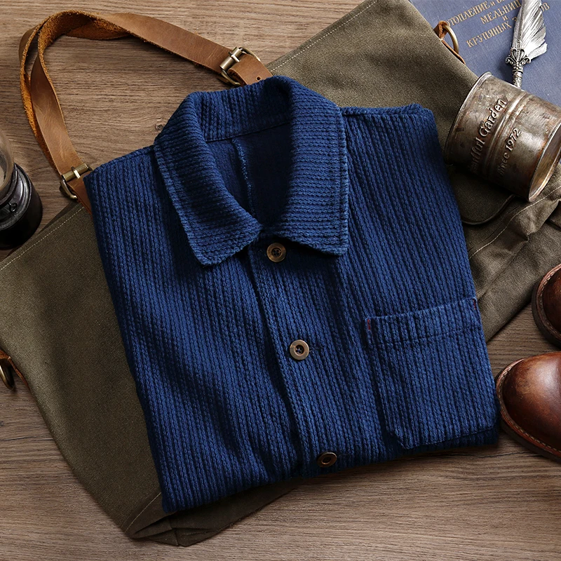 Indigo Cargo Jacket Men Vintage Heavy Weight Cotton Blue Dyed Workwear Tooling Jacket French Retro Multi-pocket Cardigan Coat 2