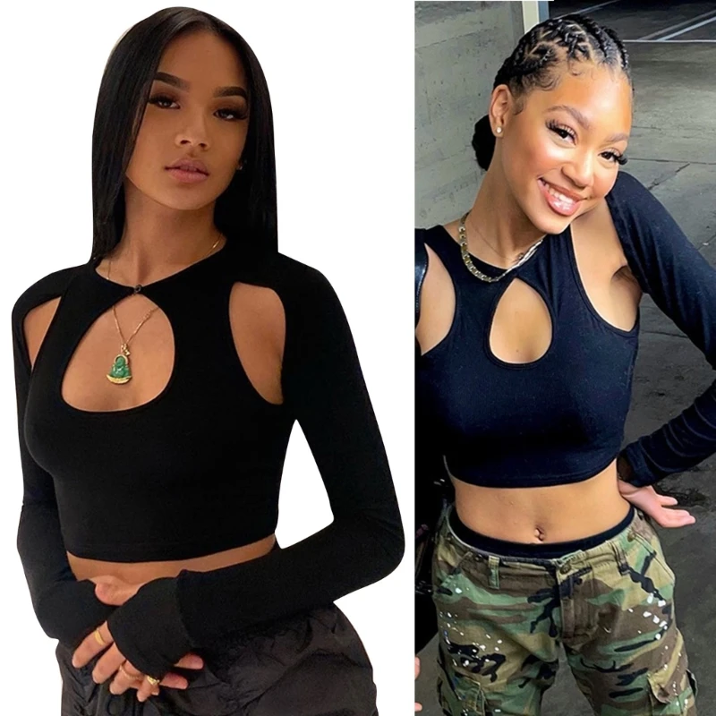 

Women Solid Color Cropped T Shirts Pullover Neck Long Sleeve Crop Top
