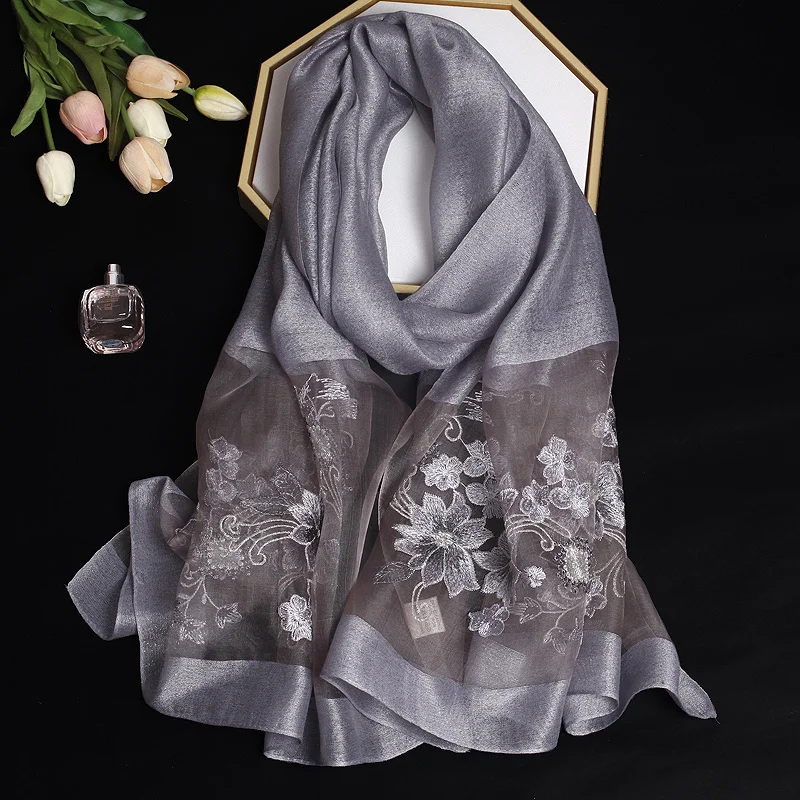 2024 Luxury Silk Shawl Scarf for Women Design Embroidery Flowers Hijab Wraps Bufandas Female Headkerchief Fouloud Echarpe 6