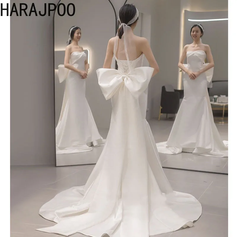 

Элегантный корейский атласный бюстгальтер Harajpoo, женское свадебное платье 2024, белое простое облегающее женское платье с маленьким хвостом и рыбьим хвостом