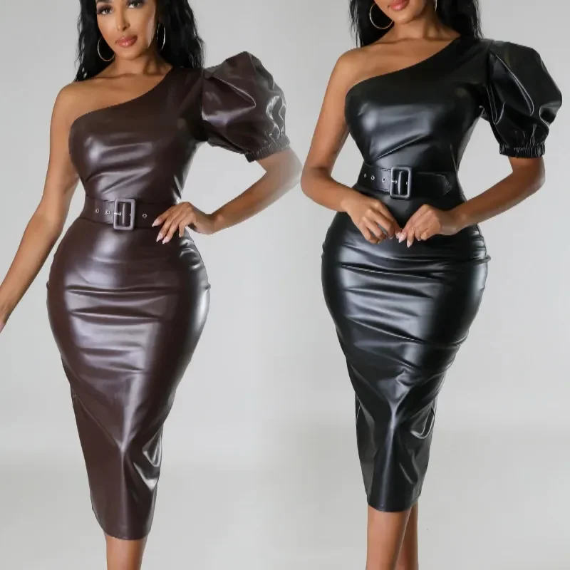 

Casual New One Shoulder Puff Sleeve Slim PU Leather Midi Dress with Belt Party Evening Vestidos Elegant Women Robe Autumn