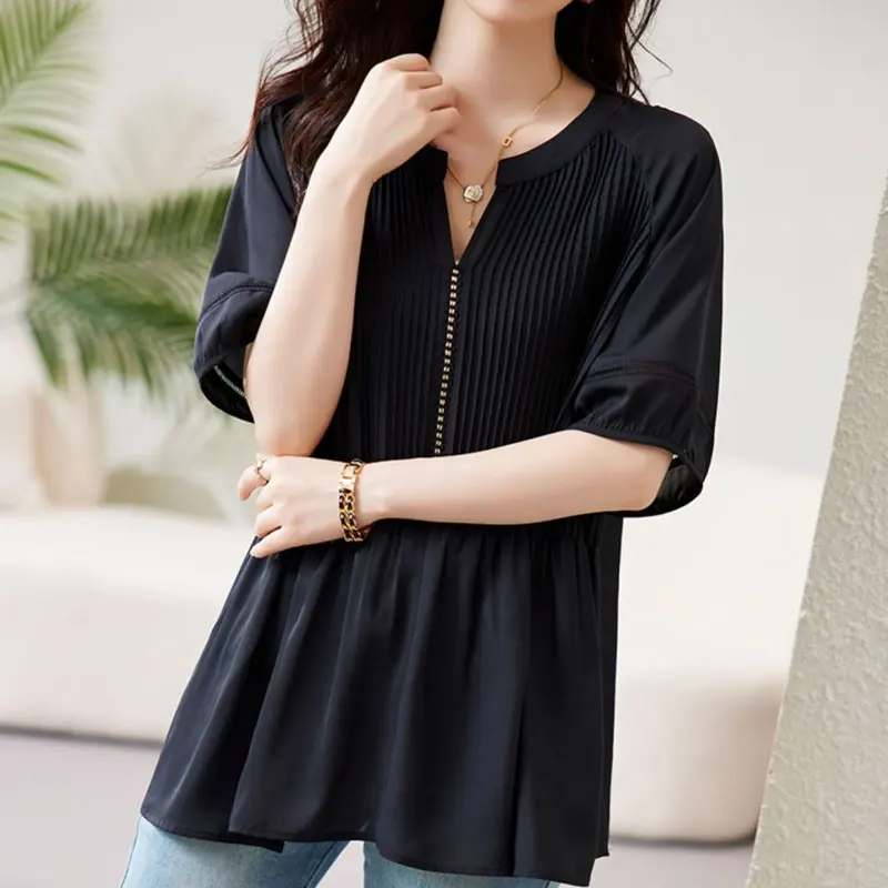 Stylish Pleated Spliced Loose Blouse Female Clothing Solid Color Casual Short Sleeve 2024 Summer Hollow Out Elegant V-Neck Shirt