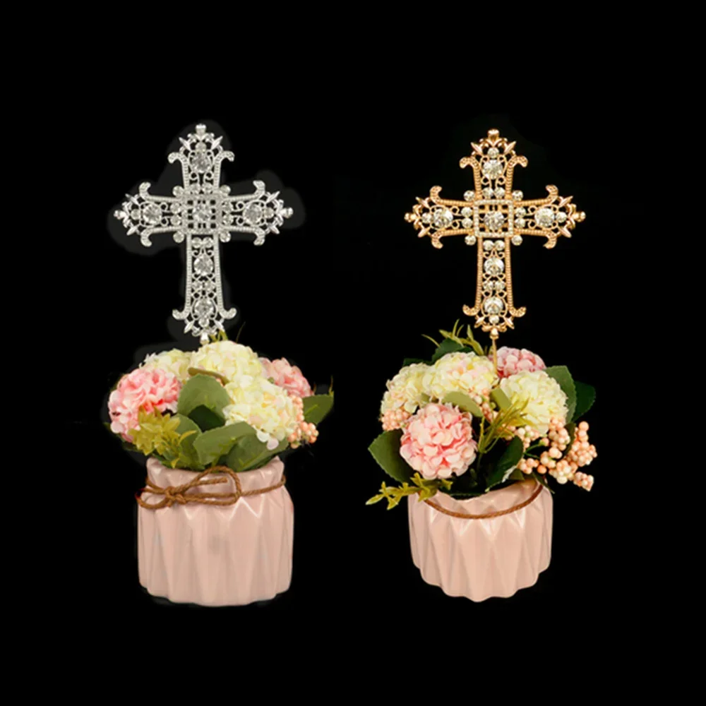 

Gold & Silver Diamond Cross Cake Topper Religious Wedding Christening First Communion Birthday Party Marriage Decoration,Q 1PCS