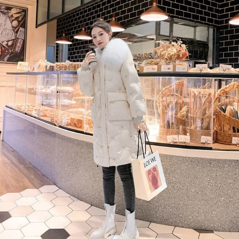 2024 New Women Down Jacket Winter Coat Mid Length Version Parkas Loose Thick Warm Large Size Outwear Hooded Fur Collar Overcoat