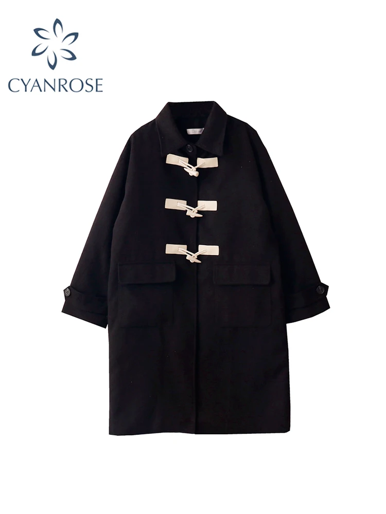 

Women's Coat Korea Style Vintage Wool Overcoat Warm Outerwear Long Sleeve Loose Retro Goth Black Cashmere Jacket Autumn Winter