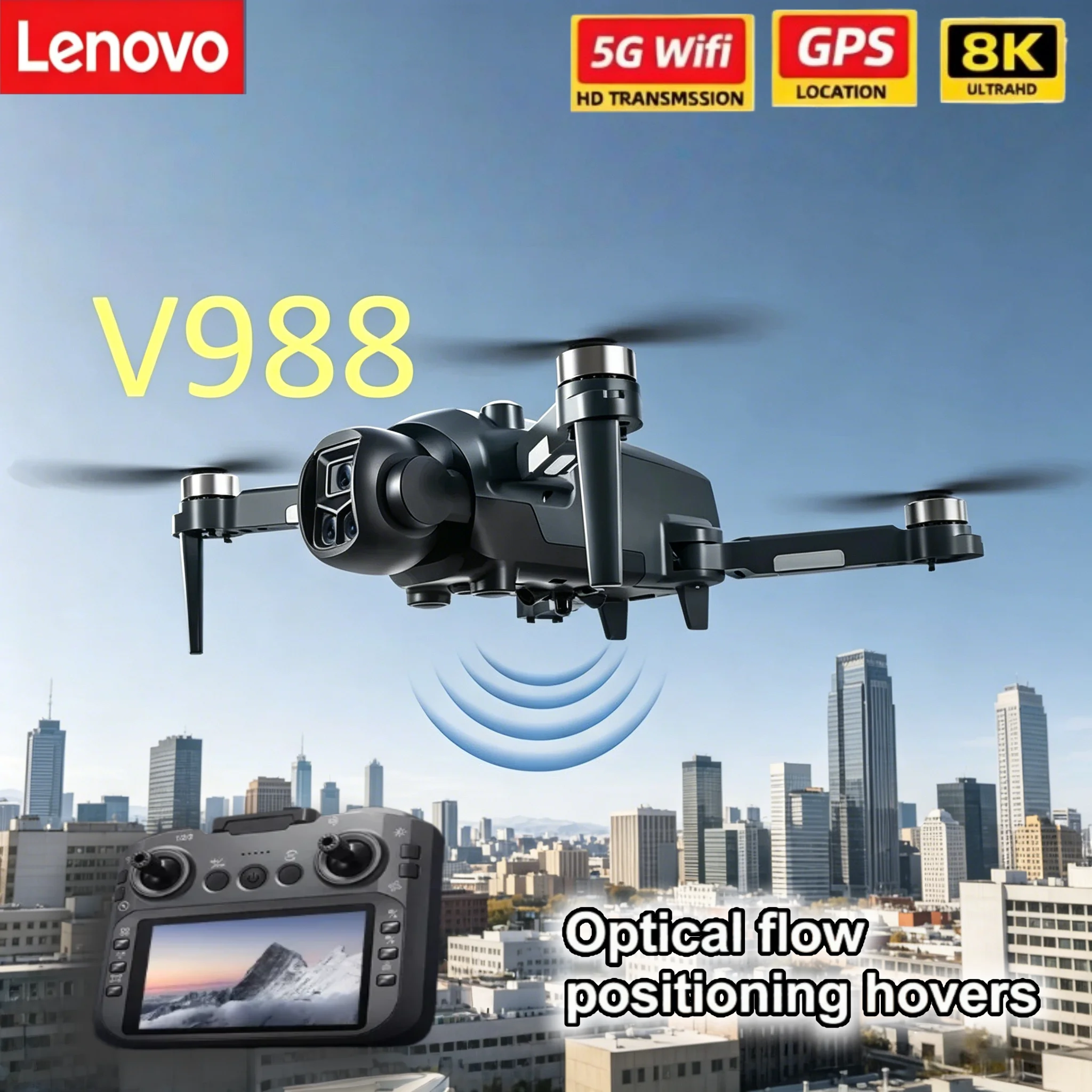 레노버 V988 8K HD 듀얼 카메라 드론 전문가용 5G WIFI FPV RC 쿼드콥터 대형 화면 리모컨 접이식 미니 드론