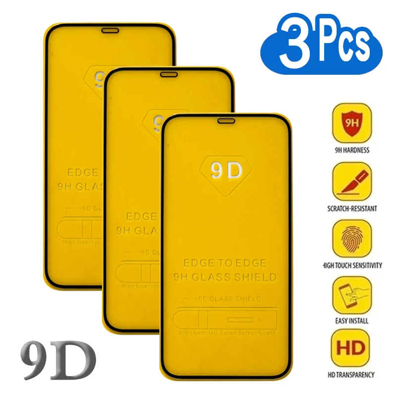 

3Pcs 9D HD For iPhone 12 13 14 15 11 Pro Max Mini XR X XS 7 8 Plus Tempered Glass Screen Protector Protective Film Clear SE2020