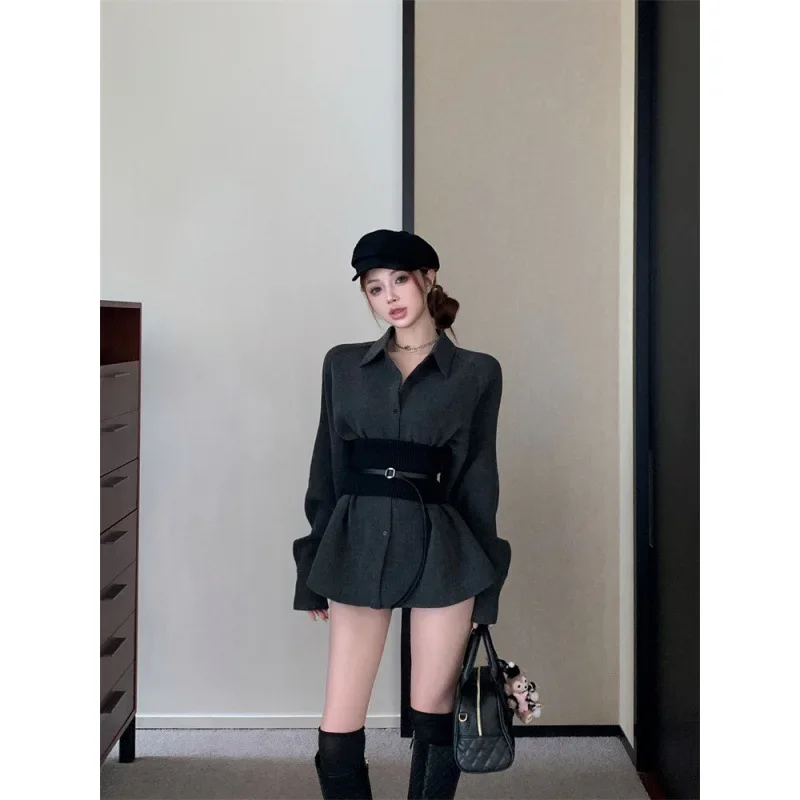 Gray Knitted Waist Belt Shirt Women's Casual Style Slimming Top Quality Brand AE Origin China Long Coat/Denim Jacket