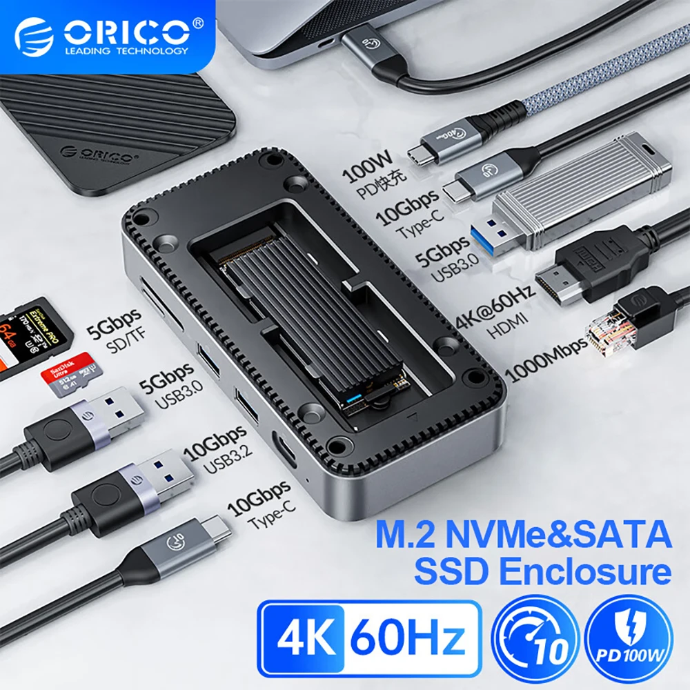 Orico hdd docking station with m 2 ssd enclosure usb c 10gbps pd 100w