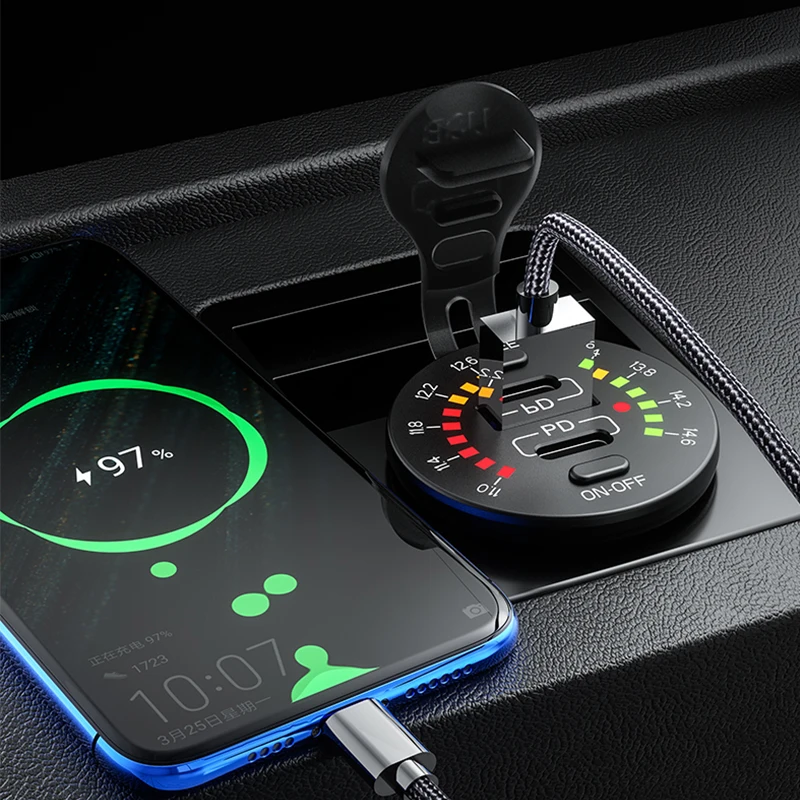 36W Dual USB Fast Charge Car Charger with LED Voltmeter and ON/OFF Switch