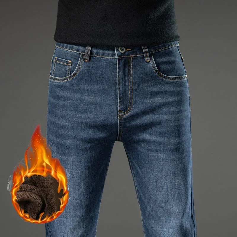 New Winter Men Thick Fleece Elastic Loose Straight Plush Wool Denim Jeans Casual Male Work Durable Warm Thermal Fitting Pants 4