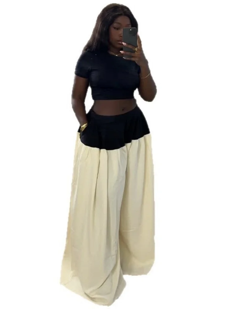 Wmstar Two Piece Set Women Wholesale Stock 2025 Summer New Fitted Short Top Wide Leg Contrasting Color Long Pants Fancy Club