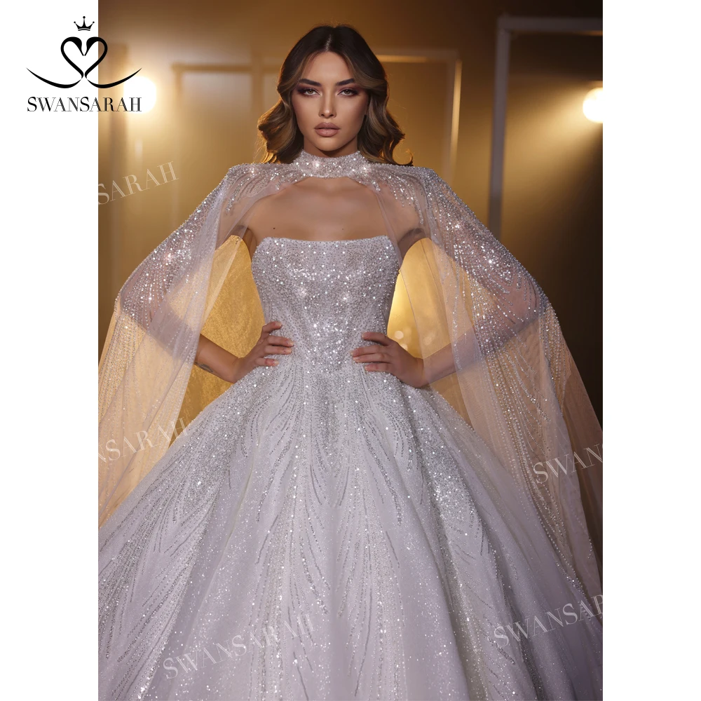 Luxury Beaded Wedding Dress Bolero Sleeveless Ball Gown Court Train Princess Bride SwanSarah R154 customized Vestido De Novia 3