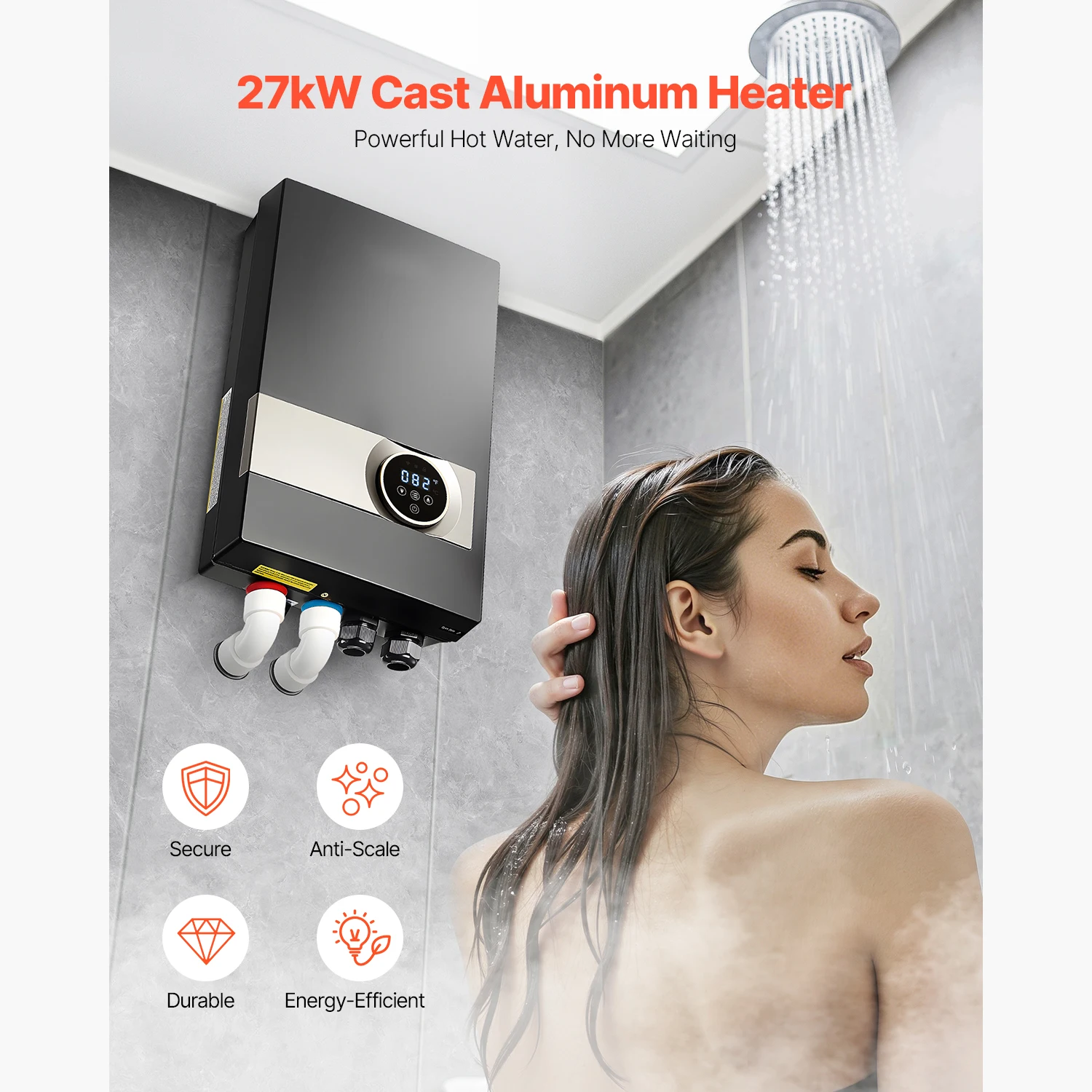 SucceBuy Tankless Electric Water Heater 27/36kW Instant Hot Water Heater Under Sink On Demand for Bathroom Child Security Lock 6