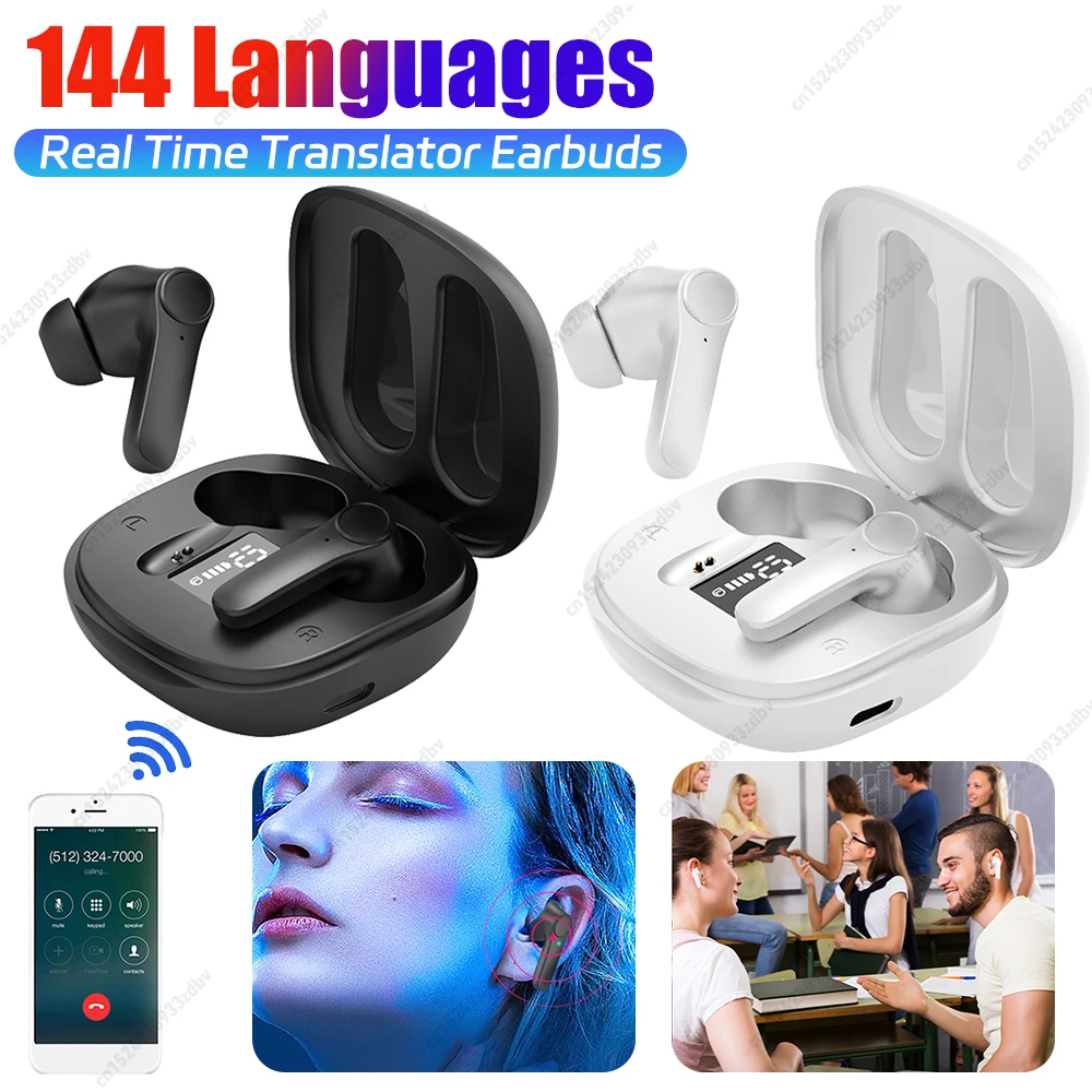 144 Languages Real Time Translator Earbuds Wireless BT Two-Way Voice Translator IPX6 Waterproof 99% Accuracy for Business Travel