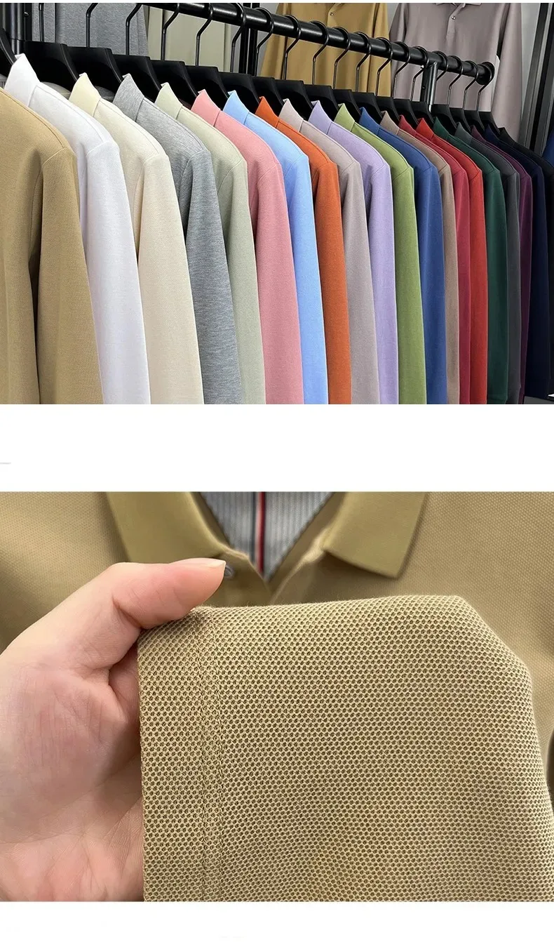 Men’s solid color long sleeve cotton polo shirt for autumn style
