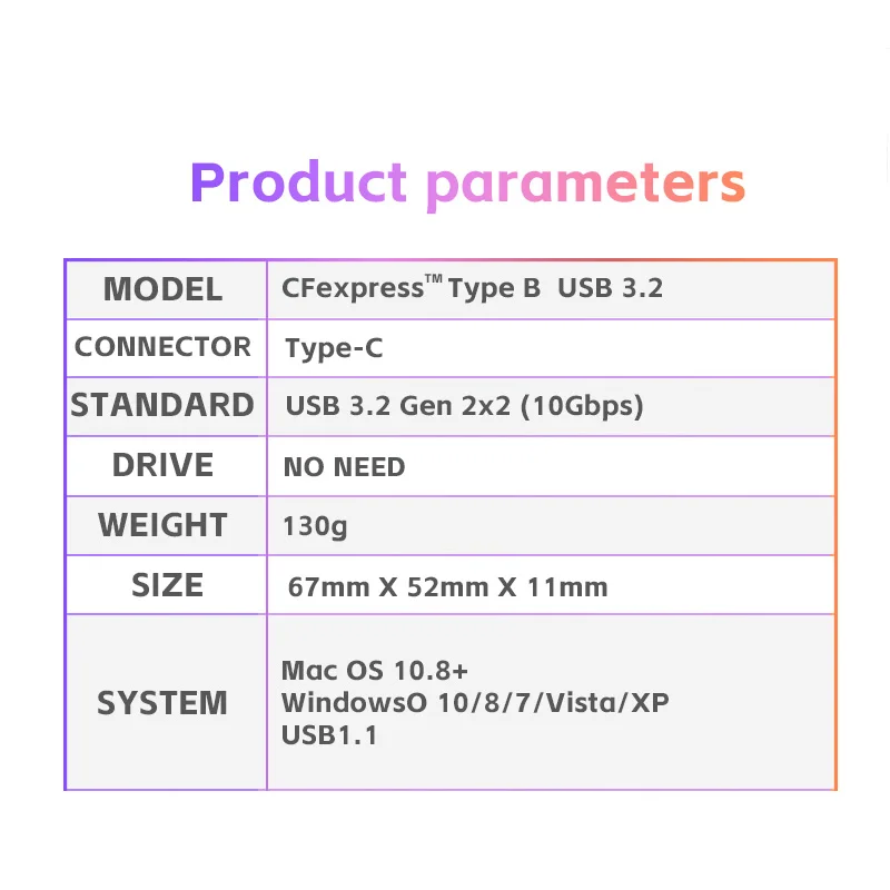 TISHIC CF 익스프레스 B 타입 카드 리더 어댑터, USB 3.1 Gen 2 CF 익스프레스 메모리 카드, C 타입 카드 리더