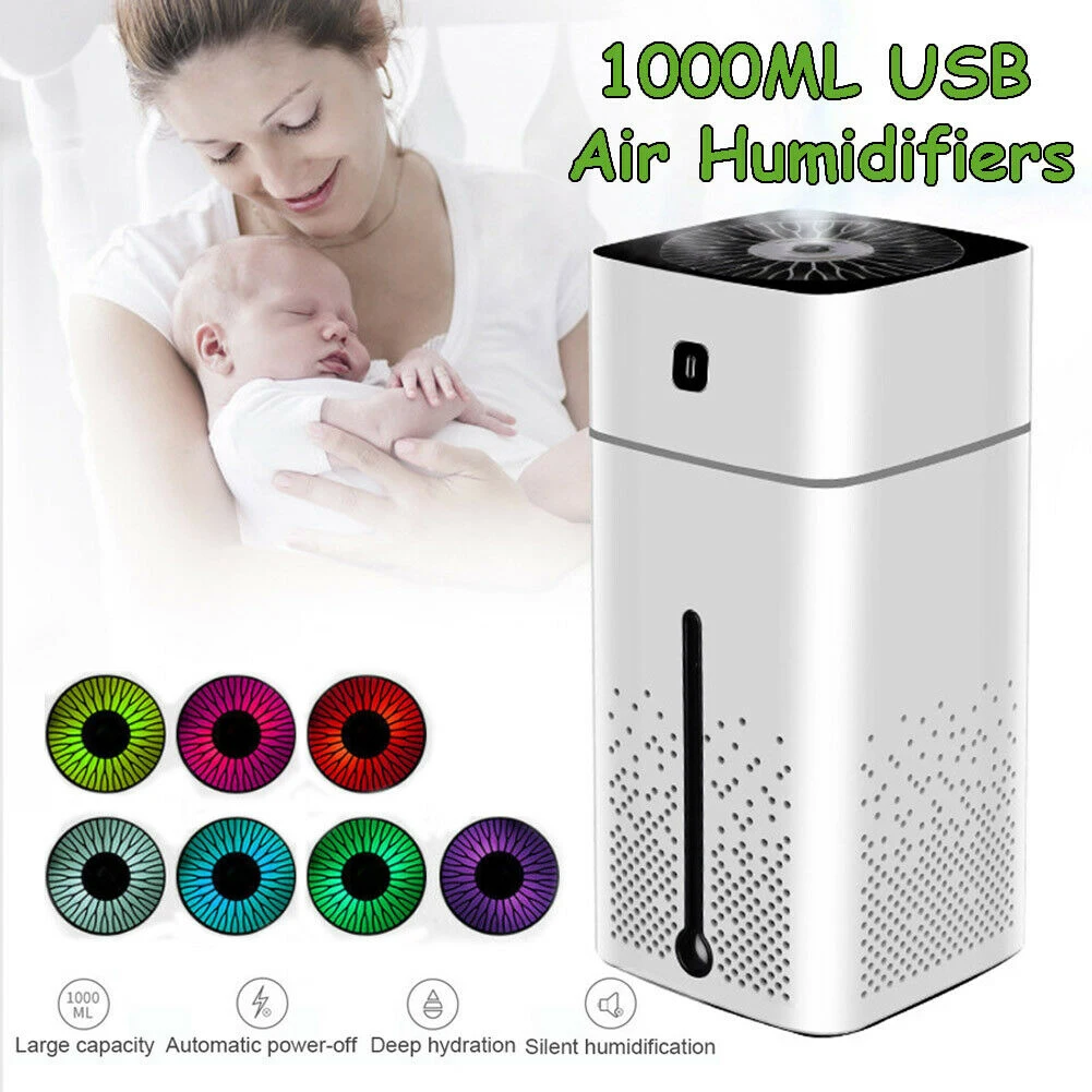 1000ML Ultrasonic Air Humidifier Diffuser With 7 Color LED Night Light Mini Aromatherapy Diffusers Cool Mist Maker Home Purifier 4