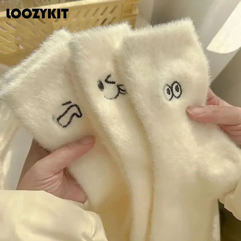 

Cartoon Eyes Mink Plush Socks Women Girls Autumn Winter Thickened Warm Stocking Cold-proof Home Floor Sleeping Mid-tube Socks