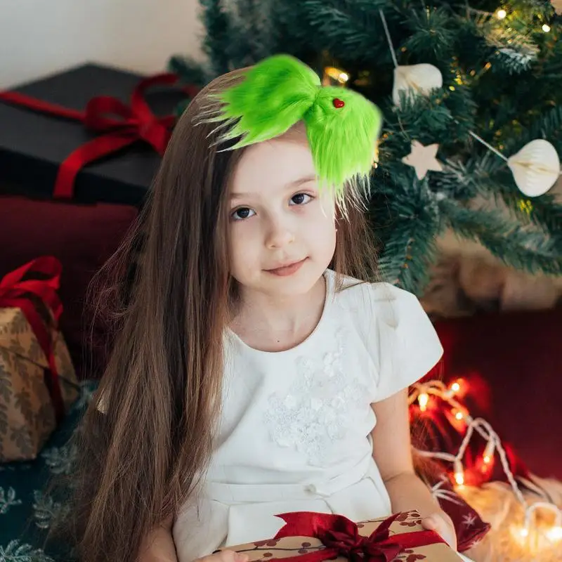 Green Bows Red Heart Green Furry Bow Clip Christmas Tree Decorations Holiday Hair Accessories For Hair Styling