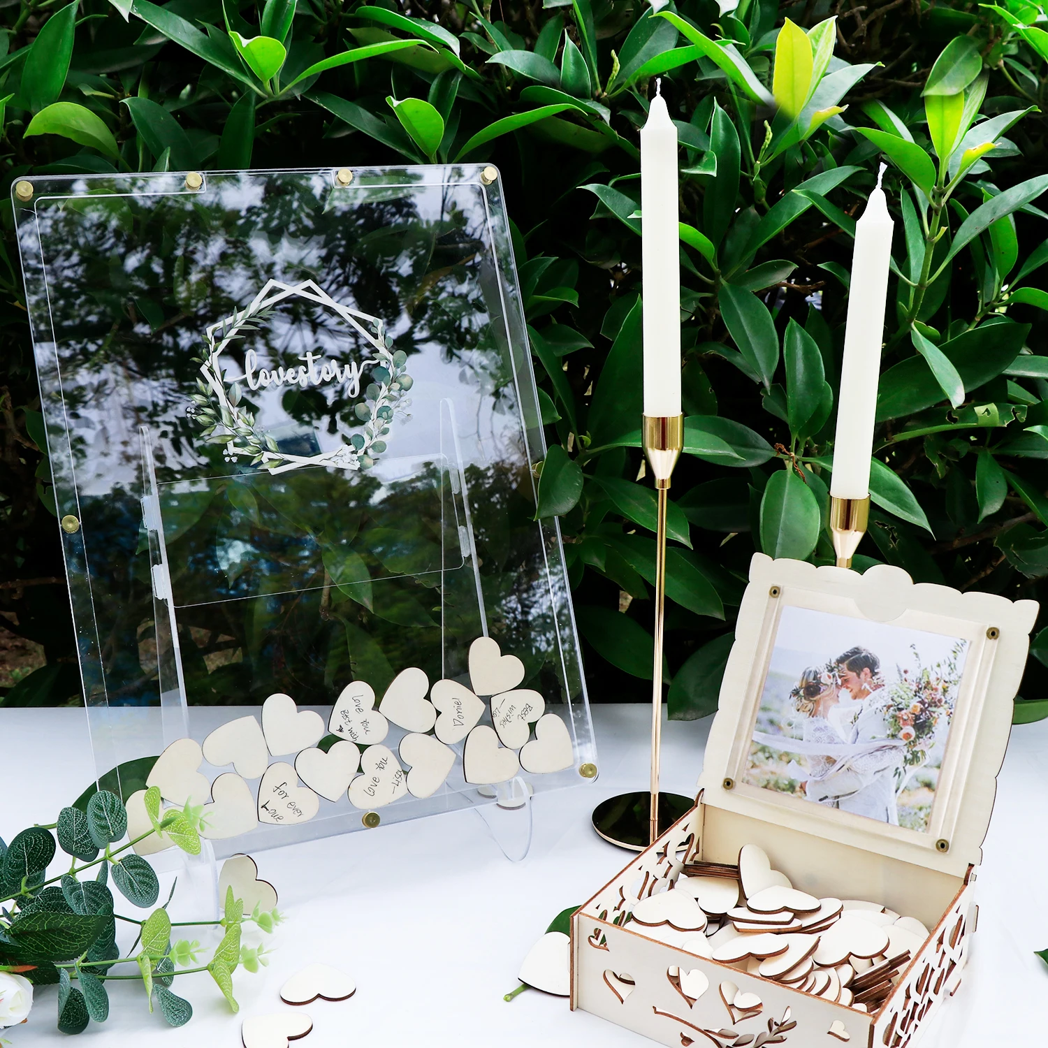 Acrylic wedding guestbook drop box with stand, 100 wooden hearts and markers, wedding signs for ceremony and reception