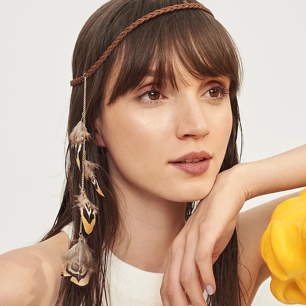 

2Pcs Feather Tassel Pendant Hairband, European and American Fashion Personality Retro Ethnic Style Tropical Hair Accessories