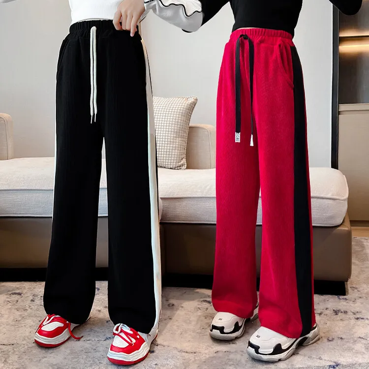 

Girl Pit Stripe Casual Straight Leg Pants for Children's Autumn Loose Splice Cotton Fleece Middle School Kids Wide Leg Pants