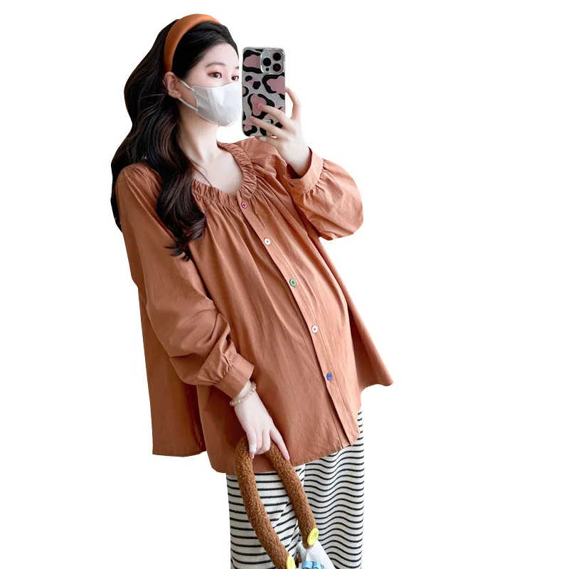 달콤한 느슨한 긴 소매 v 넥 출산 셔츠 가을 패션 빈티지 공주 슬리브 중국 스타일 순수 컬러 탑 for Pregna...