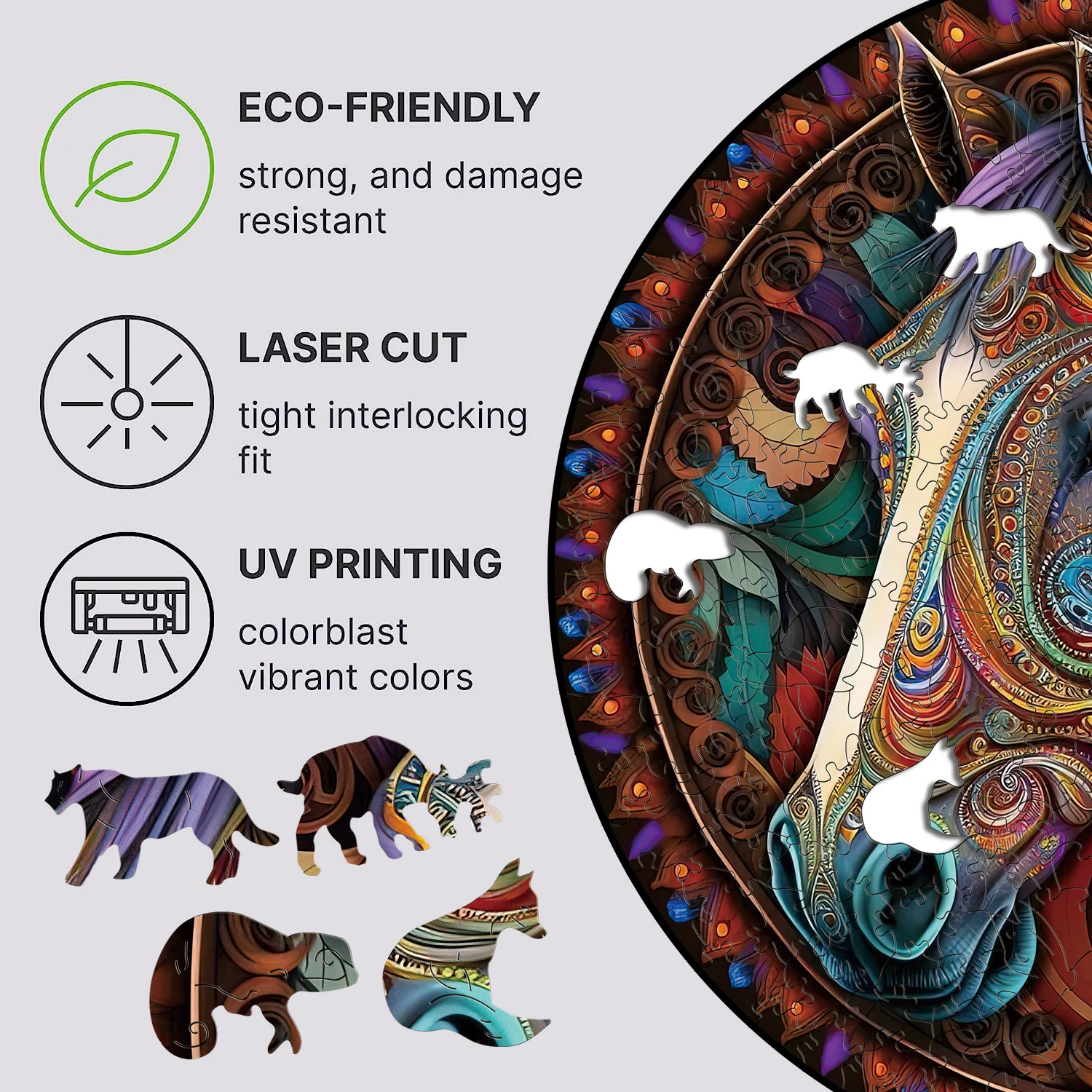 Wooden Puzzle Mandala Horse 3D Wood Jigsaw Puzzle Retro Toys Wooden Animal Puzzles Board Game For Adults Kids With Wood Gift Box 6