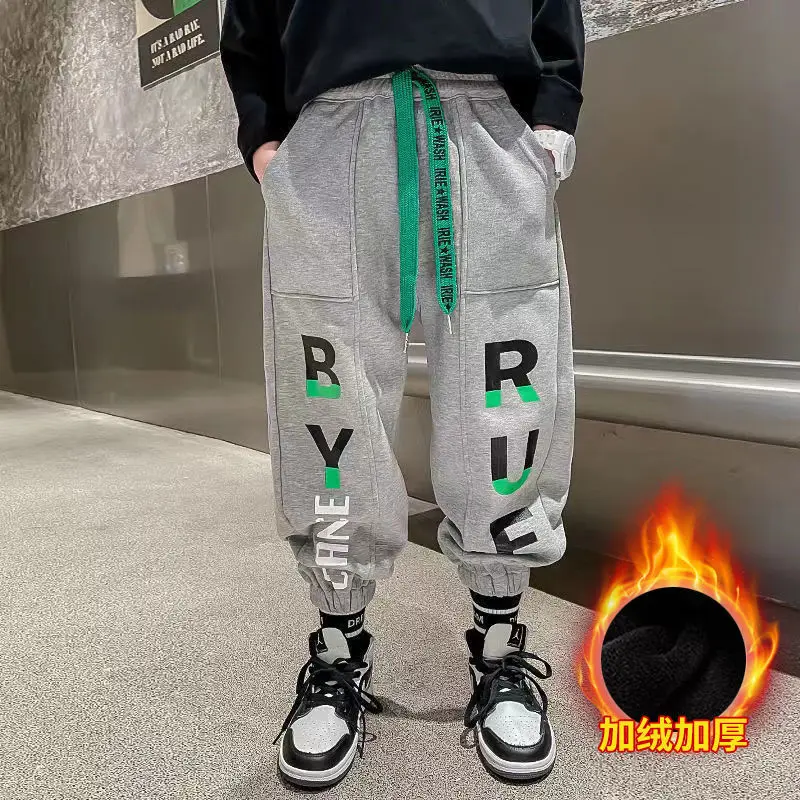 

2023 Children Warm Pants Winter New Baby Long Pants Letters Boys Plush Pants Solid Color Thicken Girls Trousers Casual Clothing