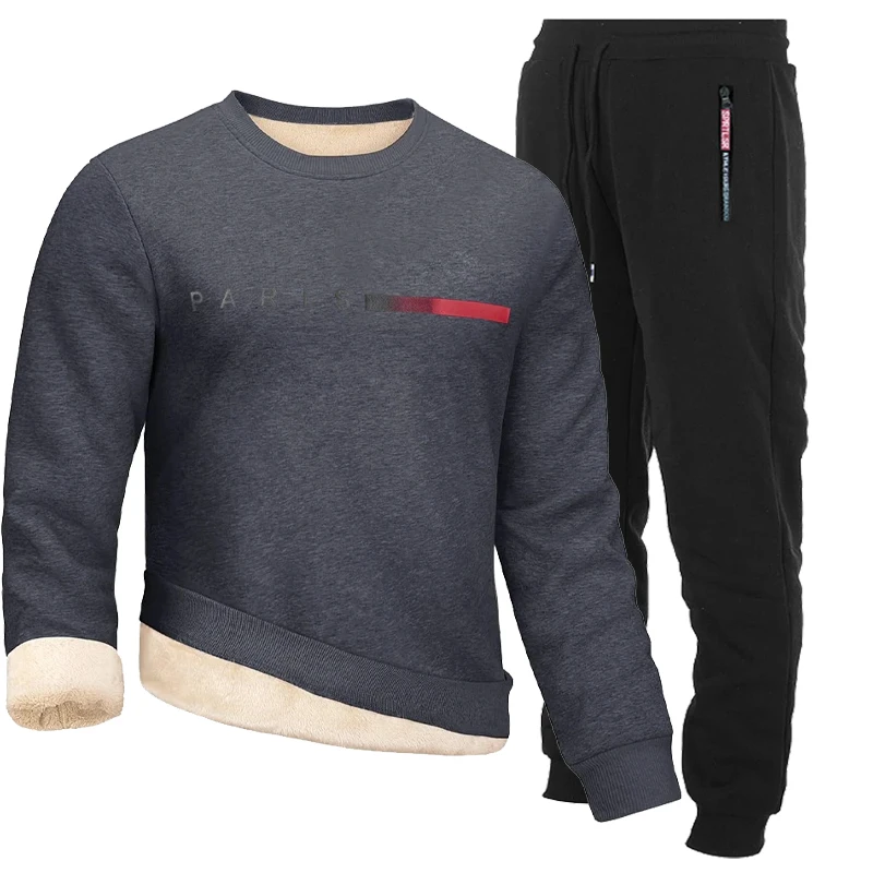 Outdoor Men's 2 Pieces Crewneck Sweatshirt Warm Sherpa Lined Pullover Wool Top Sweatshirt Casual Workout Sports Set Sportswear