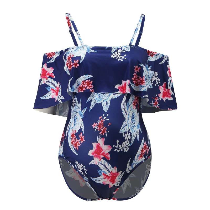Womens Girls Maternity Tankinis Women Flower Print Bikinis Swimsuit Beachwear Pregnant One-Shoulder Ruffle Pregnant Swimwear