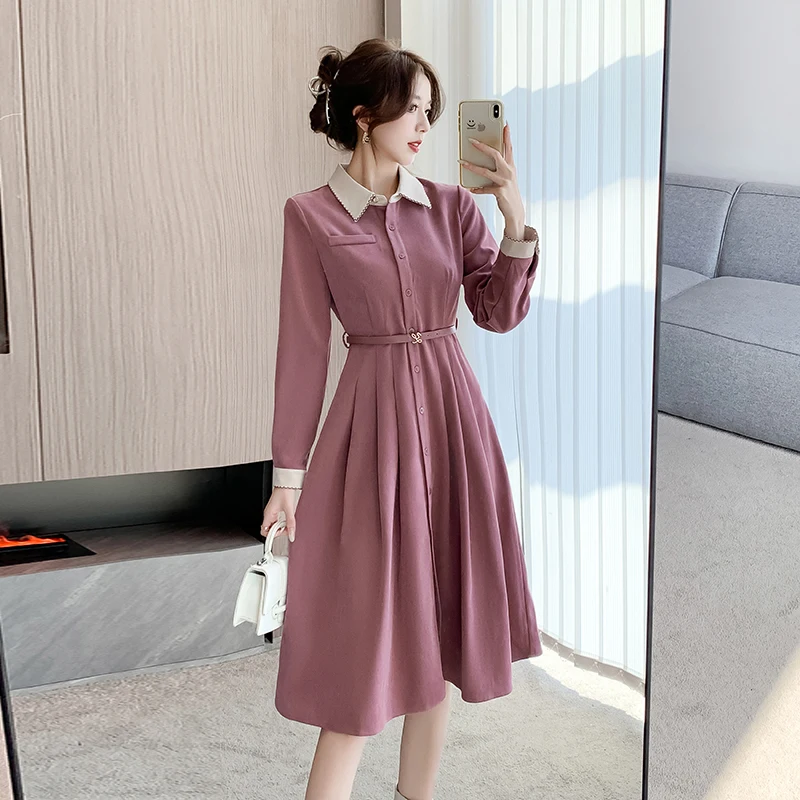 

French Hepburn Style Fine Corduroy Lapel Dress 2023 Fall and Winter New Temperament Ageing Medium-length Skirt