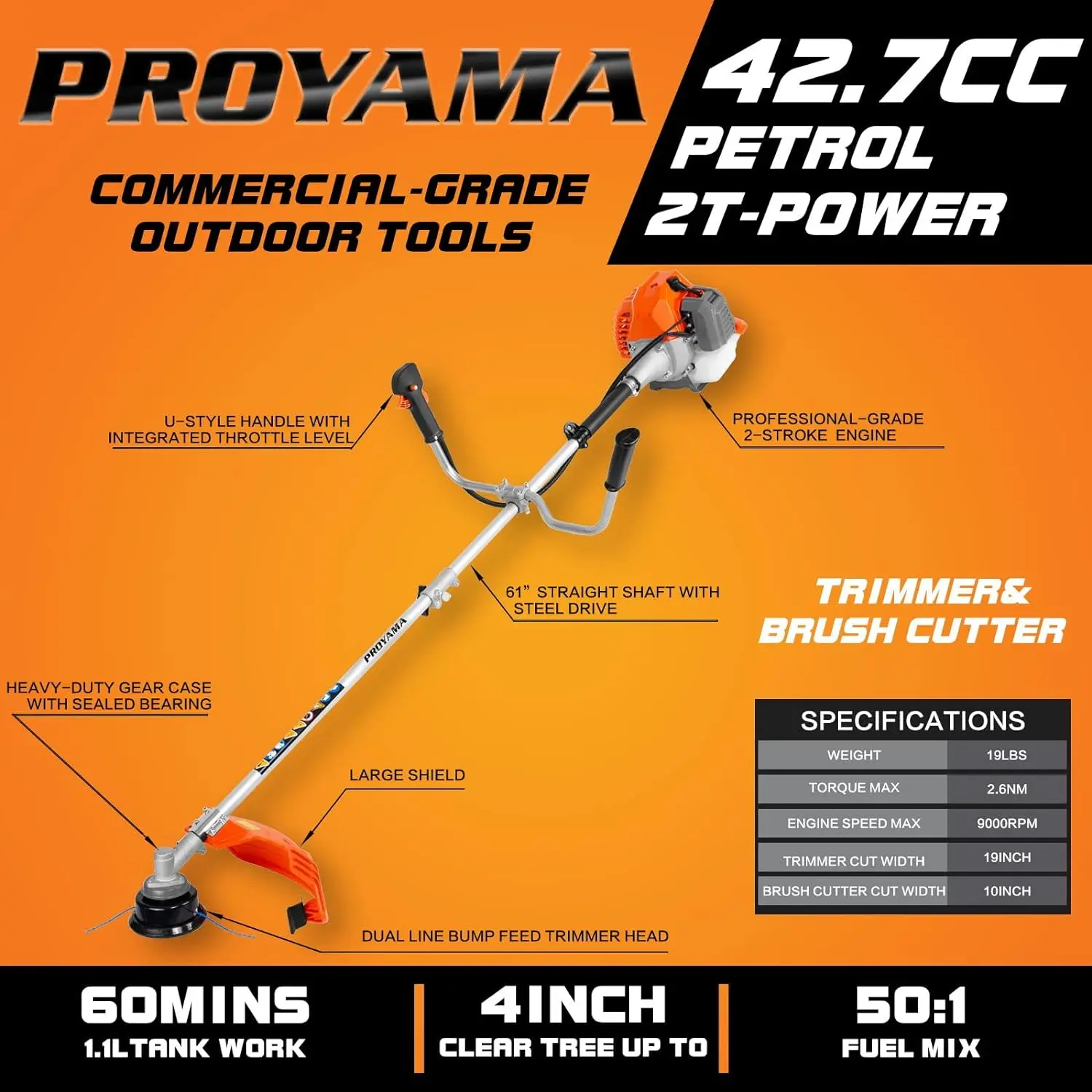 

PROYAMA 42.7cc Gas Weed Wacker, 3 in 1 Weed Eater Gas Powered, Brush Cutter and Gas String Trimmer 2-Cycle Extreme Duty
