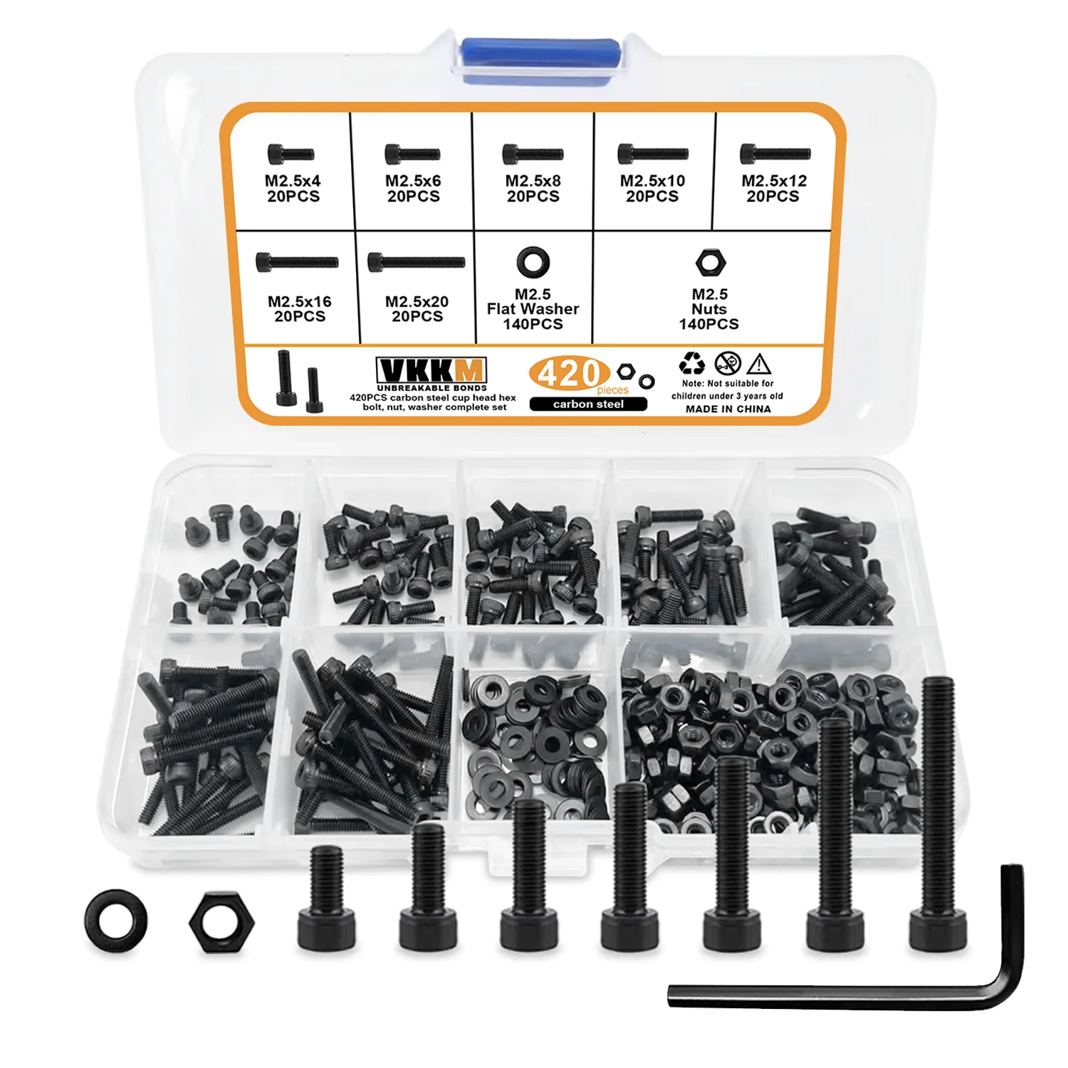 Description Picture 2 of item420Pcs Cup Head Hex Screw, M2.5x4/6/8/10/12/16/20mm Hex Head Screw Washer, Nut Set, Allen Wrench, For Service