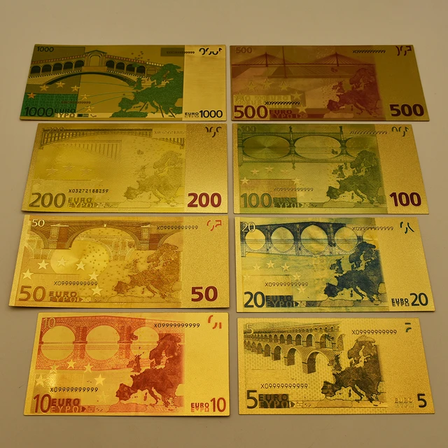7pcs/lot 5 10 20 50 100 200 500 EUR Gold Banknotes in 24K Gold Fake Paper  Money for Collection Euro Banknote Sets new - AliExpress
