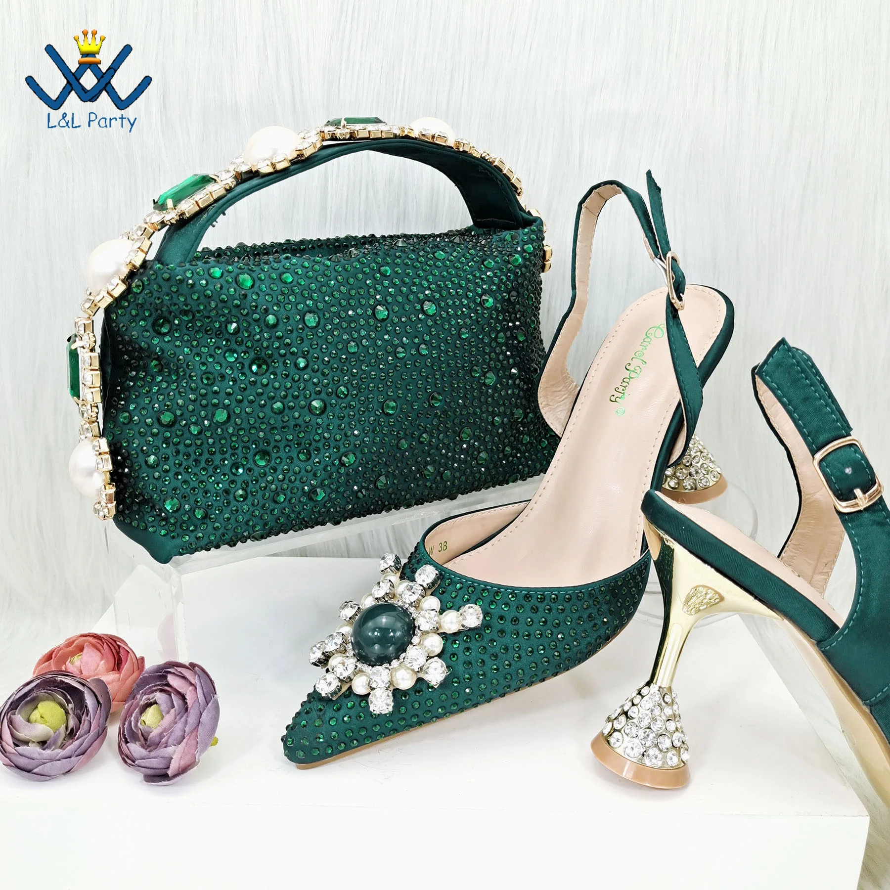 

2023 Special Design High Quality Dark Gren Color African Women Shoes and Bag Set with Shinning Crystal for Wedding Party