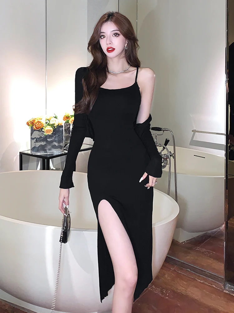 

2023 New Sets Women Chic Slim Solid Elegant Classy 2 Pieces Cropped Cardigans Side-slit Dresses Sexy Party All-match Streetwear