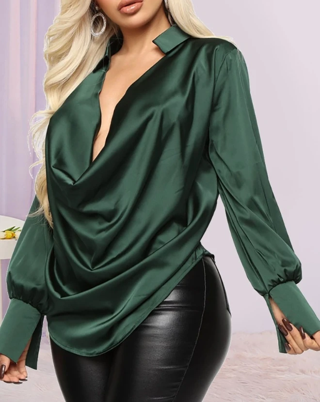 Women's Pullover Top 2023 New Hot Selling Fashion Long Sleeve Plus Size Satin Denim Neck Long Sleeve Pleated Shirt spot 2023 women s new hot selling casual denim style printed lantern sleeve lace up details jumpsuit