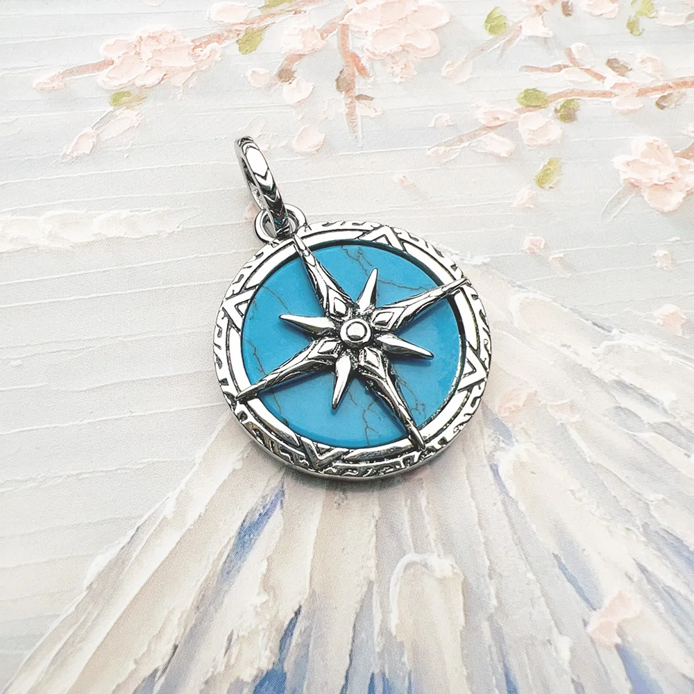 Compass Turquoise Pendant Brand New Fine Jewelry Bijoux Accessories 925 Sterling Silver Vintage Gift For Woman Men