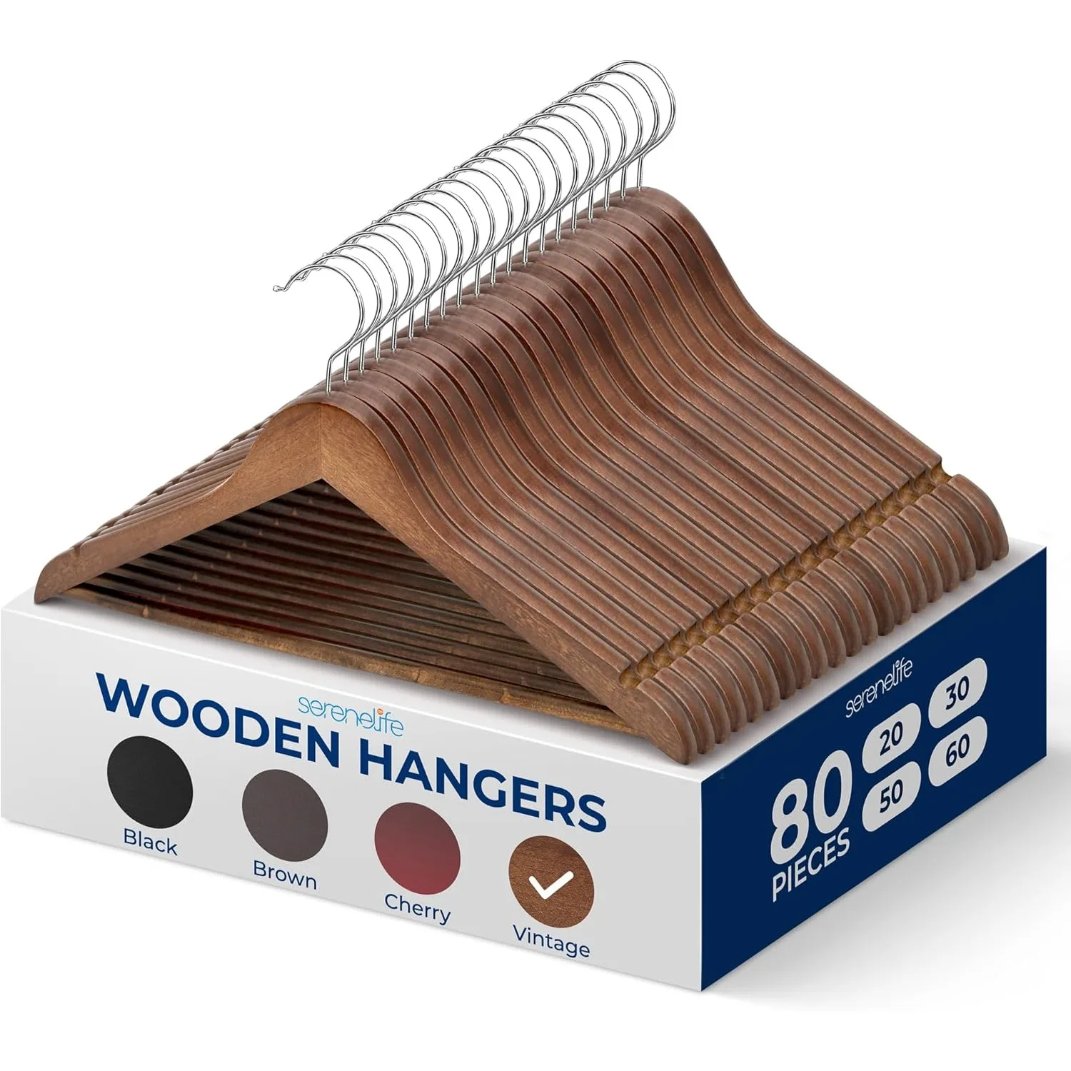80-Pack Wooden Coat Hangers &ndash; Durable Suit Hangers with 360&deg; Swivel Hook & Notches &ndash; Slim Design for Shirts, Jackets, Dresses