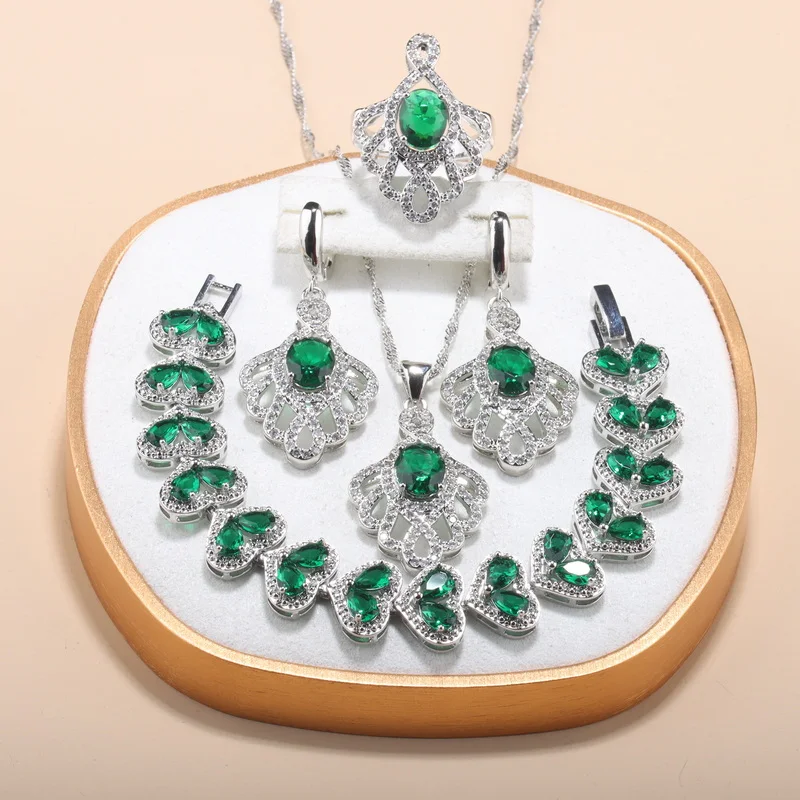 Ensemble De Bijoux De Mariée En Or Et Cristal Émeraude - Collier Et Boucles D'Oreilles Pendantes - Pour Bal, Soirée, Cérémonie