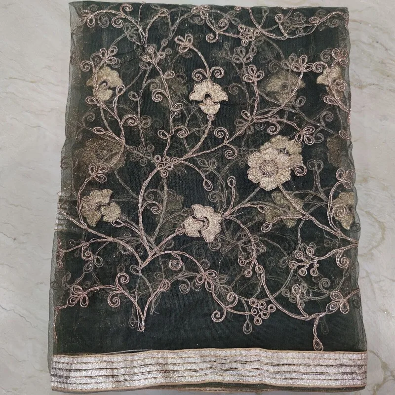 Vintage Green Dupatta Gold Embroidered Flower Decoration Scarf Georgette Wedding Veil